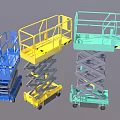 Three Colored Mobile Scissor Lift Platforms With Guardrails And Wheels