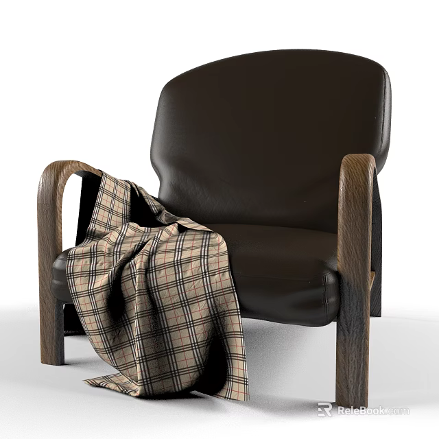 Stylish Leather Leisure Chair With Wooden Armrests And Plaid Blanket For Home Comfort 3d model 