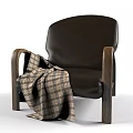 Stylish Leather Leisure Chair With Wooden Armrests And Plaid Blanket For Home Comfort
