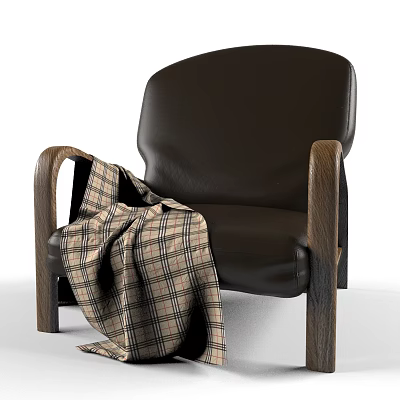 Stylish Leather Leisure Chair With Wooden Armrests And Plaid Blanket For Home Comfort 3d model