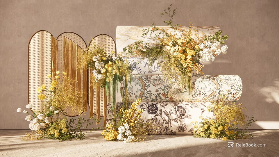 Elegant Decorative Setup Featuring Yellow White Floral Arrangements And Patterned Panels 3d model 