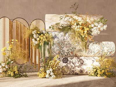Elegant Decorative Setup Featuring Yellow White Floral Arrangements And Patterned Panels 3d model