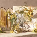 Elegant Decorative Setup Featuring Yellow White Floral Arrangements And Patterned Panels 3d model