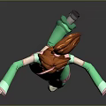 3D Anime Girl Character With Red Ponytail Green Outfit Pink Bow Green Gloves Dancing Pose