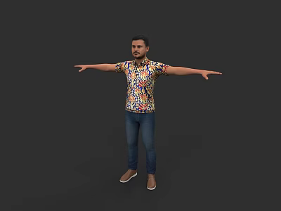 Man Standing With Arms Outstretched Wearing Colorful Patterned Shirt Blue Jeans And Beige Shoes 3d model