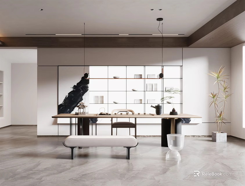 Modern Tea Room Interior Design With Wooden Table Tea Set And Decorative Plants 3d model 