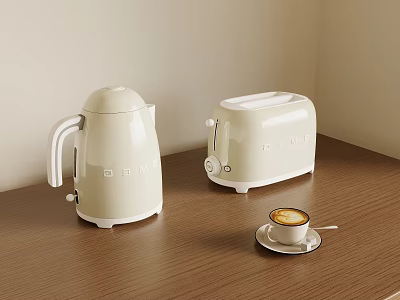 Beige Electric Kettle and Toaster Kitchen Appliances on Wooden Countertop with Coffee Cup 3d model