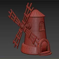 Decorative Windmill Model with Wooden Blades Blue Roof Stone Tower Small Window and Wooden Door