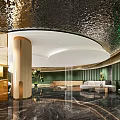 Luxury Modern Hotel Lobby Interior With Curved Ceiling Green Walls And Marble Flooring