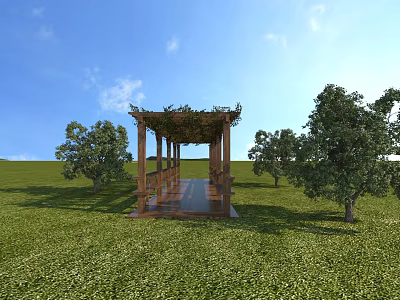 Wooden Pergola With Vines Covered Roof In Green Grass Field And Surrounding Trees 3d model