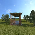 Wooden Pergola With Vines Covered Roof In Green Grass Field And Surrounding Trees