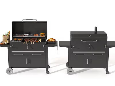 Black Outdoor Grills With Wheels Drawers Food Items And Seasoning 3d model