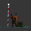 Little Reindeer By North Pole Sign With Red White Striped Pole And Gift Box On Snow