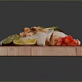 Mexican Tacos With Radish Slices Lime Peanut Toppings And Red Salsa On Wooden Board