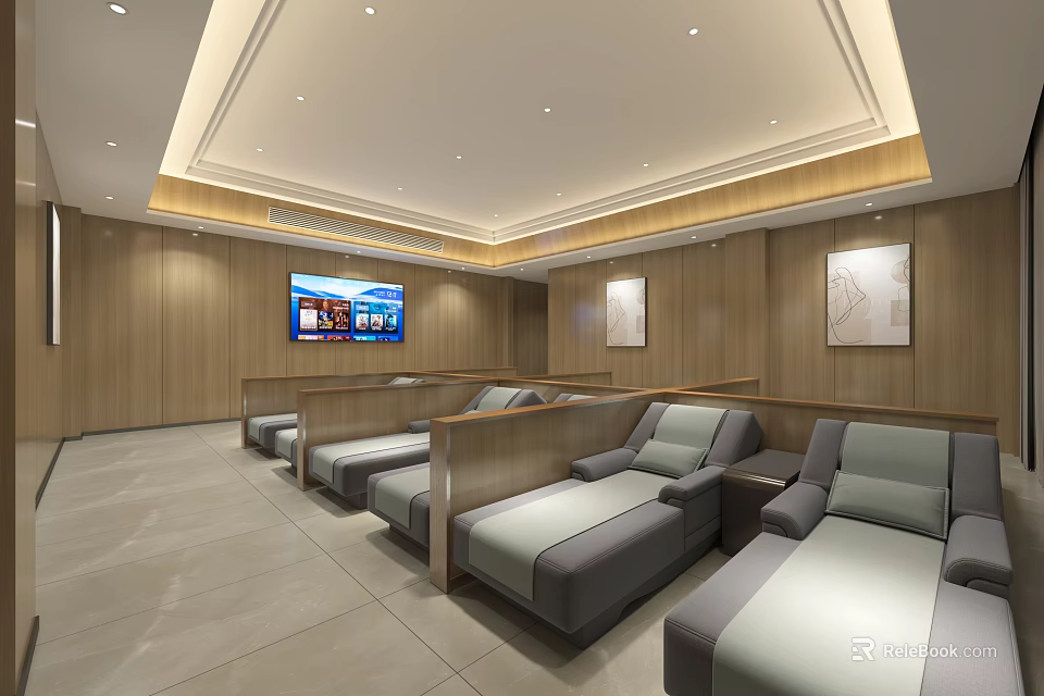 Hotel Public Lounge Area Featuring Wooden Walls Gray Sofas Flat Screen TV And Decorative Paintings 3d model 