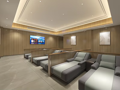 Hotel Public Lounge Area Featuring Wooden Walls Gray Sofas Flat Screen TV And Decorative Paintings 3d model