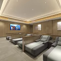 Hotel Public Lounge Area Featuring Wooden Walls Gray Sofas Flat Screen TV And Decorative Paintings
