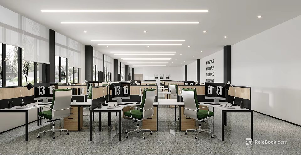 Modern Public Office Space With Open Layout Multiple Workstations Green Chairs And Linear Lights 3d model