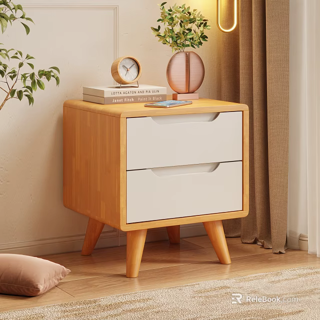Wooden Bedside Table With Two White Drawers Alarm Clock Books And Green Plant Vase 3d model 