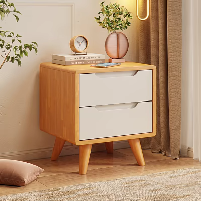 Wooden Bedside Table With Two White Drawers Alarm Clock Books And Green Plant Vase 3d model