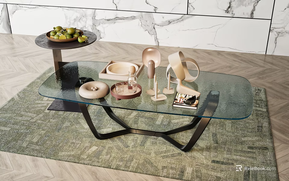 Modern Oval Glass Coffee Table with Black Metal Legs and Decorative Sculptures on Green Rug 3d model 