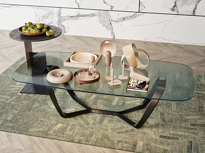 Modern Oval Glass Coffee Table with Black Metal Legs and Decorative Sculptures on Green Rug 3d model