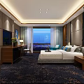 Modern Hotel Guest Room Interior With Large Bed Blue Armchair Ottoman Writing Desk And Painting