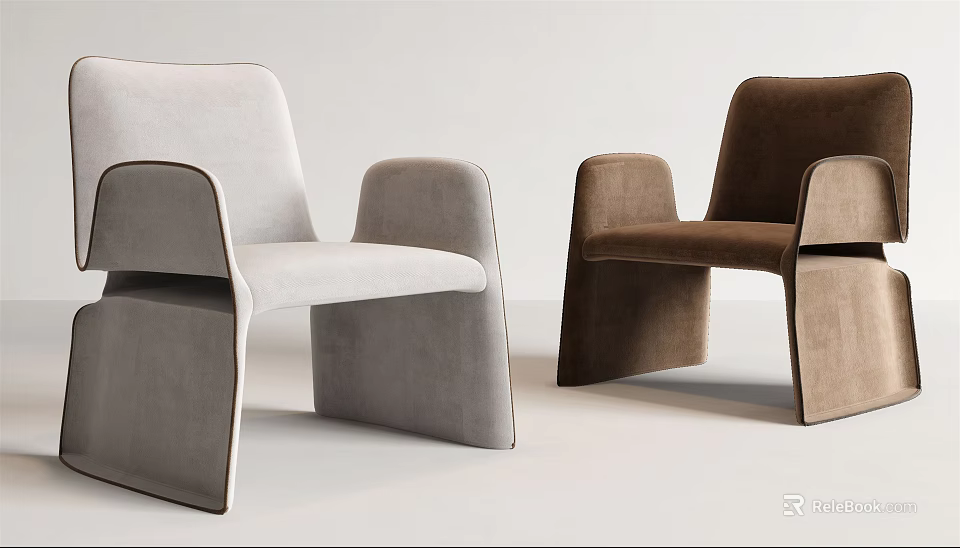 Modern Minimalist Leisure Chairs In White Gray And Brown Velvet With Geometric Armrest Design 3d model 