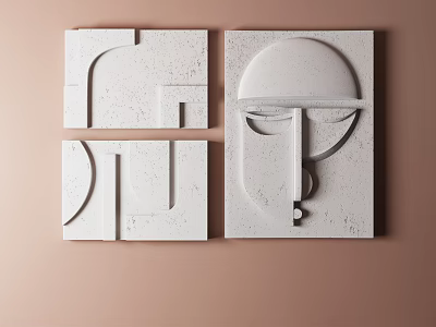 Abstract White Wall Decor With Geometric Shapes And Facial Relief Design On Brown Textured Background 3d model