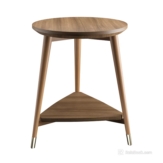 Modern Walnut Wooden Side Table With Round Top Slim Legs And Lower Shelf Design 3d model 