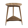 Modern Walnut Wooden Side Table With Round Top Slim Legs And Lower Shelf Design