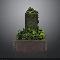 Miniature Tower Model With Moss Covered Structure And Surrounding Green Plants