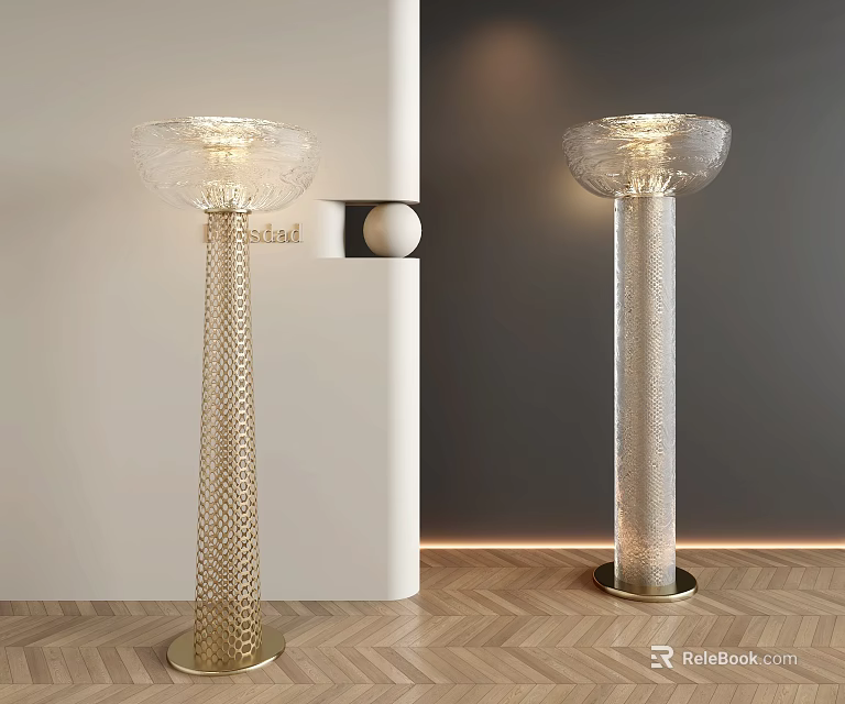 Elegant Floor Lamps Featuring Golden Mesh Transparent Columns And Transparent Lampshade On Wooden Floor 3d model 