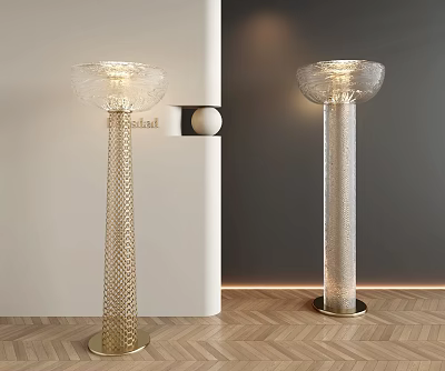 Elegant Floor Lamps Featuring Golden Mesh Transparent Columns And Transparent Lampshade On Wooden Floor 3d model