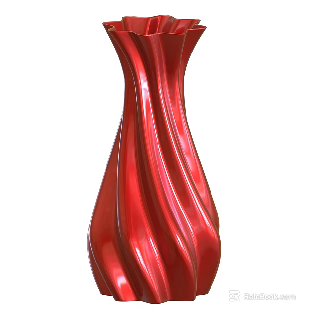 Red Vase with Flowers Featuring Twisted Curved Lines and Smooth Glossy Surface 3d model 