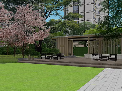 Garden Landscape Design With Cherry Blossom Tree Green Lawn Pavilion Seating And Modern Building 3d model