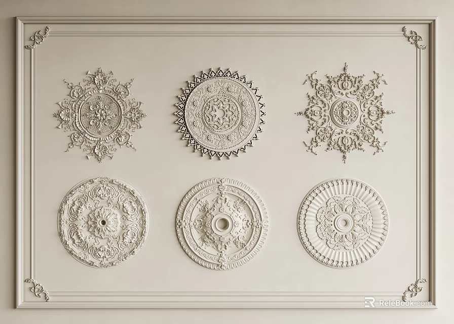 Decorative Ceiling Medallions With Various Intricate Ornate Patterns Displayed In White Frame 3d model