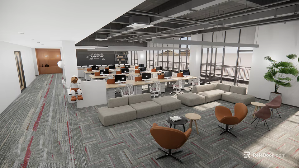 Modern Public Office Space With Open Layout Desks Computers Sofas And Comfortable Chairs 3d model