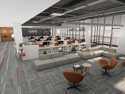 Modern Public Office Space With Open Layout Desks Computers Sofas And Comfortable Chairs 3d model