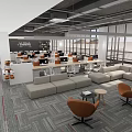 Modern Public Office Space With Open Layout Desks Computers Sofas And Comfortable Chairs 3d model