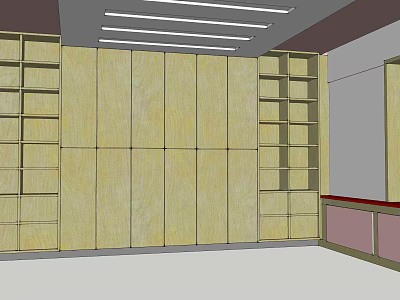 Spacious Meeting Room Featuring Wooden Panel Walls And Shelving Units With Ceiling Lights 3d model