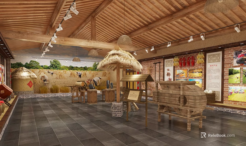 Traditional Rustic Farmhouse Restaurant Interior With Wooden Ceiling Thatched Roof And Straw Grain Decor 3d model 