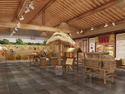 Traditional Rustic Farmhouse Restaurant Interior With Wooden Ceiling Thatched Roof And Straw Grain Decor 3d model