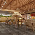 Traditional Rustic Farmhouse Restaurant Interior With Wooden Ceiling Thatched Roof And Straw Grain Decor