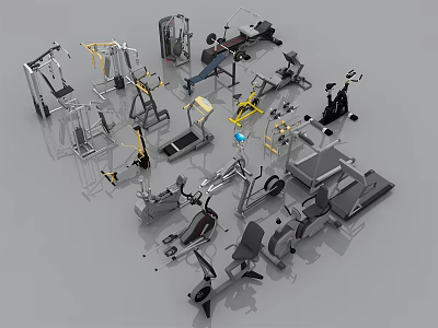 Various Types of Fitness Equipment Featuring Treadmills Dumbbells Exercise Bikes and Weight Benches 3d model