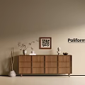 Modern Walnut Entryway Console Table With Drawers Sculpture Vase And Picture Frame On Beige Wall