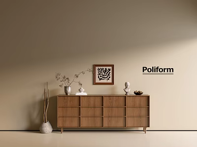 Modern Walnut Entryway Console Table With Drawers Sculpture Vase And Picture Frame On Beige Wall 3d model