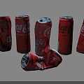 Red Coca Cola Aluminum Cans With One Crushed Arranged In A Row