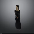 Elegant Woman In Black Long Dress With Lace Sleeves Standing Against Gray Background