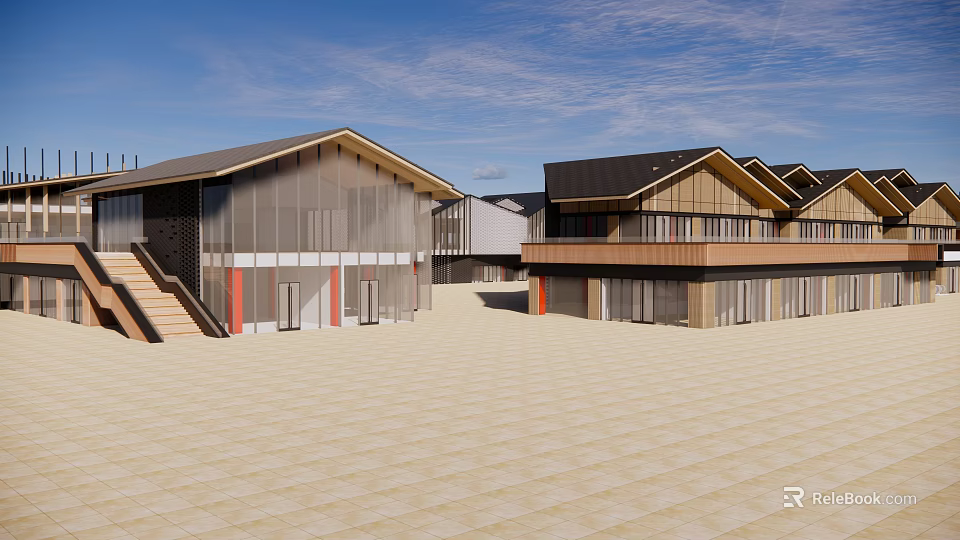 Modern Commercial Street With Wooden Glass Buildings And Open Square Stone Pavement 3d model 